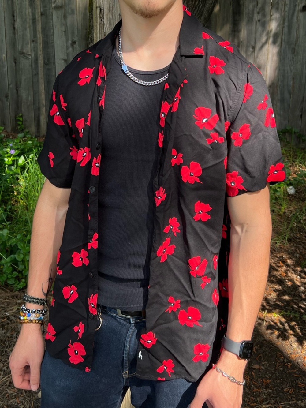 HOLLISTER MEN RED POPPY FLOWER Button-Up Shirt  ALL BLACK Floral Print NIGHT